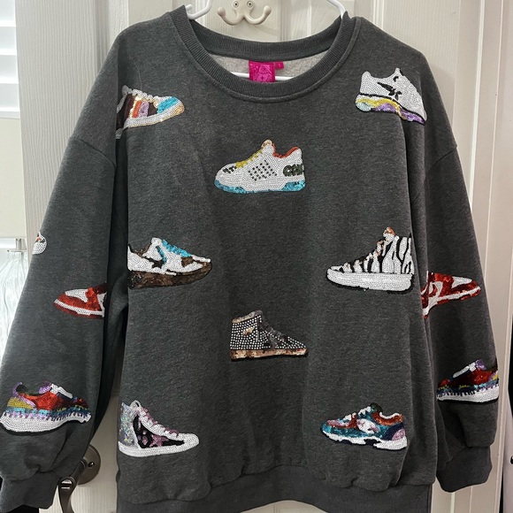 QUEEN OF SPARKLES Gray Sweatshirt with Colorful Sneaker Designs - Picture 1 of 1